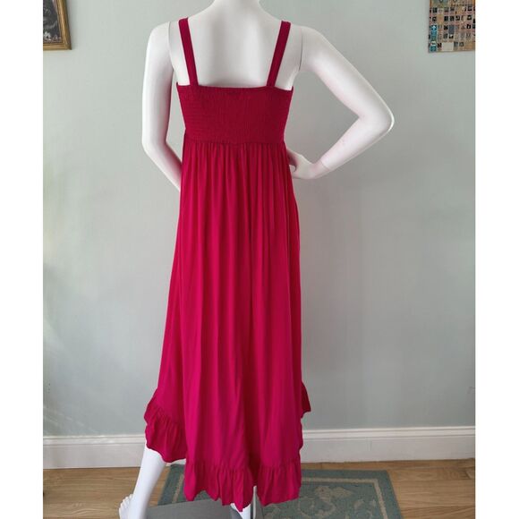 Cherokee Y2k Boho Chic Embroidered Floral Hot Pink Smocked Midi Dress size XS - Picture 2 of 7